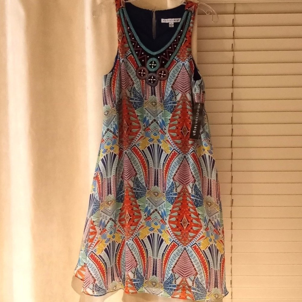 Madison Leigh - Orange/Multi Stylish Shift Dress with chrome bead accents.